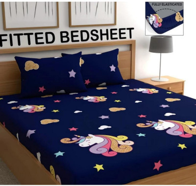 The Divine Cotton Super King Fitted (Elastic) 450 TC 3D Printed Bedsheet(Pack of 1, 852-Blue)