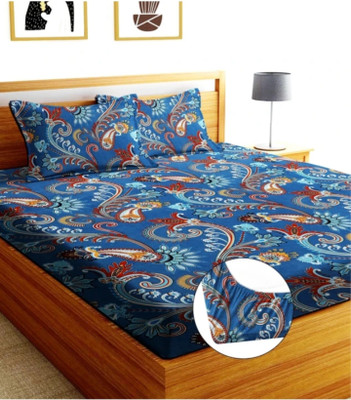 Homfic Cotton Double Fitted (Elastic) 240 TC Paisley Bedsheet(Pack of 1, Blue)
