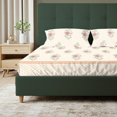 Urban Space Cotton Double Flat 200 TC Floral Bedsheet(Pack of 1, White, Red, Yellow)
