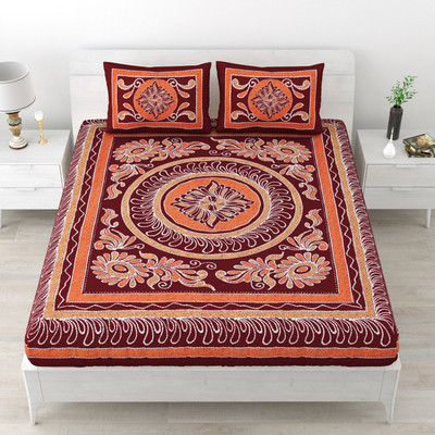UNIQCHOICE 104 TC Cotton Double Jaipuri Prints Flat Bedsheet(Pack of 1, Maroon)