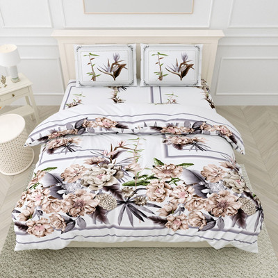 RJ Cotton King Flat 210 TC Printed Bedsheet(Pack of 1, White, Purple)