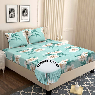 VAS COLLECTIONS 180 TC Cotton Double Floral Fitted (Elastic) Bedsheet(Pack of 1, C- Green)