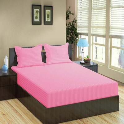 BEVI 300 TC Microfiber Single Striped Fitted (Elastic) Bedsheet(Pack of 1, Pink)