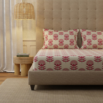 Urban Space Cotton Super King Flat 200 TC Printed Bedsheet(Pack of 1, Florabell Cherry Red)