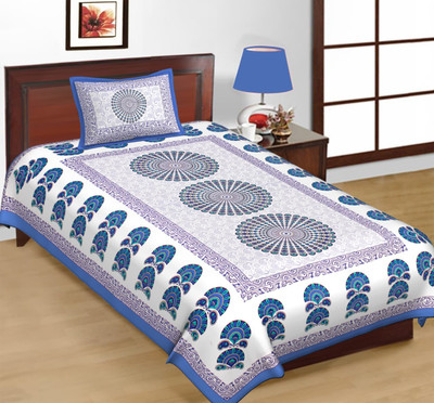 Narmada prints Cotton Single Flat 160 TC Floral Bedsheet(Pack of 1, Blue)