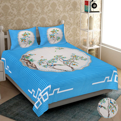 E ELMA 280 TC Cotton Double Jaipuri Prints Flat Bedsheet(Pack of 1, Blue)