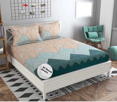 TINDLER KNOTS 210 TC Microfiber King Printed Fitted (Elastic) Bedsheet(Pack of 1, Zig Zag Print Bedsheet Multi Colored, 2 Coordinated Pillow Covers)