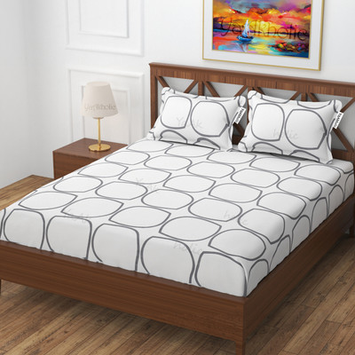 YaAkholic 180 TC Microfiber Double Geometric Flat Bedsheet(Pack of 1, White and Grey Rtgl)