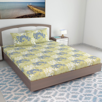 Divine Casa Cotton King Flat 144 TC Floral Bedsheet(Pack of 1, Olive Green)