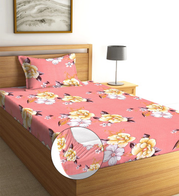 Moonroof Cotton Single Fitted (Elastic) 240 TC Printed Bedsheet(Pack of 1, Baby Pink)