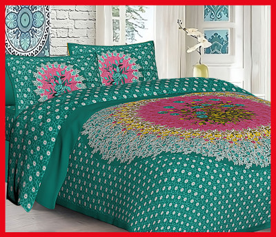 BedZone Cotton Double Flat 230 TC Jaipuri Prints Bedsheet(Pack of 1, Green)