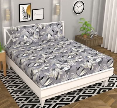 VAS COLLECTIONS 160 TC Microfiber Double Floral Flat Bedsheet(Pack of 1, Brown::Grey)