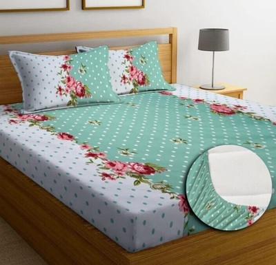 THANESH Cotton Double Fitted (Elastic) 210 TC Floral Bedsheet(Pack of 1, Green)