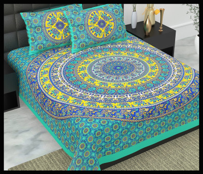 JAIPUR PRINTS Cotton Double Flat 160 TC Jaipuri Prints Bedsheet(Pack of 1, Sea green)