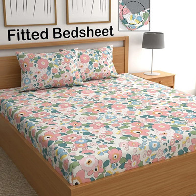 TerryFox 320 TC Cotton Double Printed Fitted (Elastic) Bedsheet(Pack of 1, Multicolor)