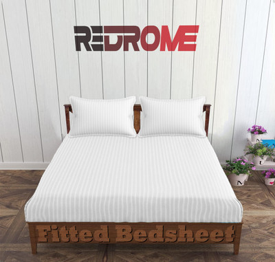 REDROME Cotton Double Fitted (Elastic) 300 TC Striped Bedsheet(Pack of 1, White)