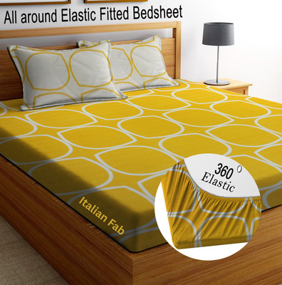 Italian Fab Cotton King Fitted (Elastic) 180 TC Printed Bedsheet(Pack of 1, FITTED-Yellow-BEDSHEET-white pillow covers)