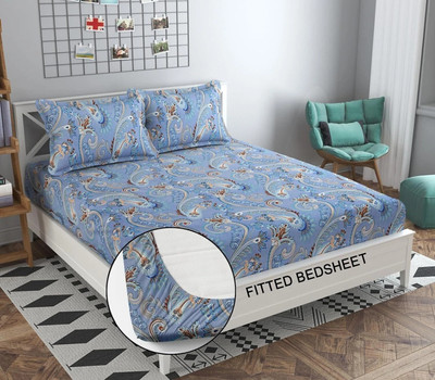 Decent Home Cotton Double Fitted (Elastic) 240 TC Floral Bedsheet(Pack of 1, Blue)