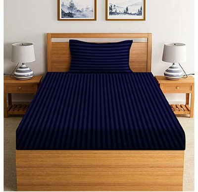 Fabycore Cotton Single Fitted (Elastic) 200 TC Striped Bedsheet(Pack of 1, Navy Blue)