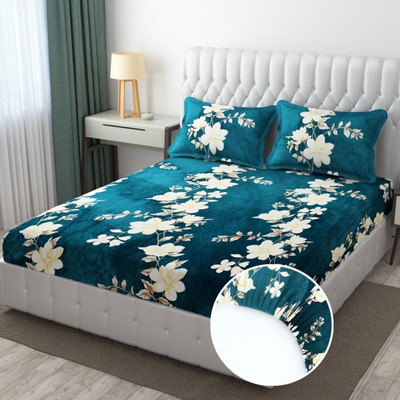 MRSKP 210 TC Woolen King Floral Fitted (Elastic) Bedsheet(Pack of 1, Green)
