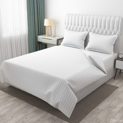 veerhl Cotton Blend Double Flat 240 TC Striped Bedsheet(Pack of 1, White)