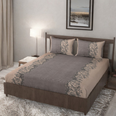 HUESPACE Cotton, Microfiber Double, Queen Fitted (Elastic) 300 TC Floral Bedsheet(Pack of 1, Brown, Beige)