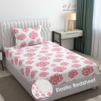 HIDECOR 280 TC Microfiber Single Polka Fitted (Elastic) Bedsheet(Pack of 1, White (Mauve Print))