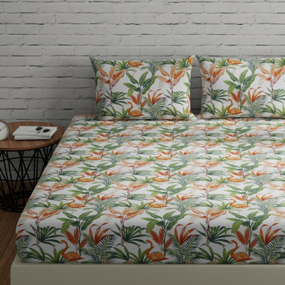 Huesland Cotton Double Flat 144 TC Striped Bedsheet(Pack of 1, Flamingo - Orange)