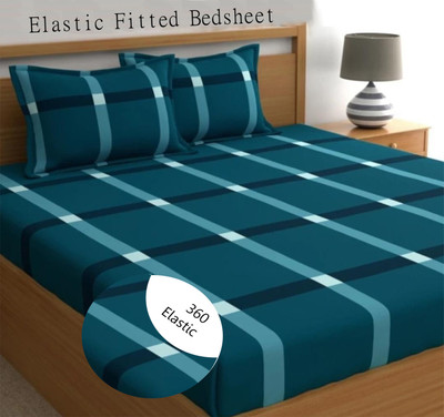 Panipat Textile Hub 210 TC Cotton King 3D Printed Fitted (Elastic) Bedsheet(Pack of 1, Blue)