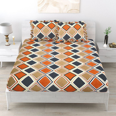 Dream Weaverz 260 TC Polycotton King Abstract Fitted (Elastic) Bedsheet(Pack of 1, Yellow-Orange)