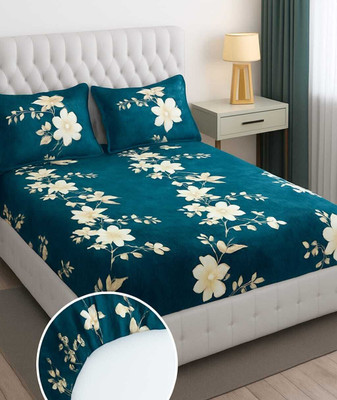 Mooniea Woolen Double Fitted (Elastic) 210 TC Floral Bedsheet(Pack of 1, Teal Blue)