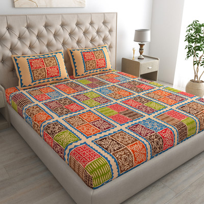 Cosito Cotton Double Flat 144 TC Jaipuri Prints Bedsheet(Pack of 1, Blue 1)