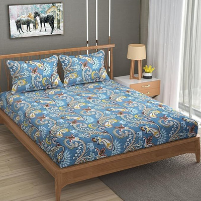 ARDM 204 TC Cotton Double Jaipuri Prints Fitted (Elastic) Bedsheet(Pack of 1, Blue)