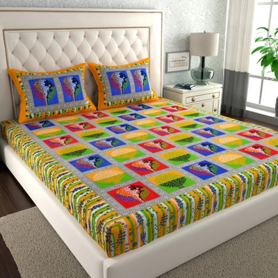 Zerron 144 TC Cotton Double Jaipuri Prints Flat Bedsheet(Pack of 1, Yellow)