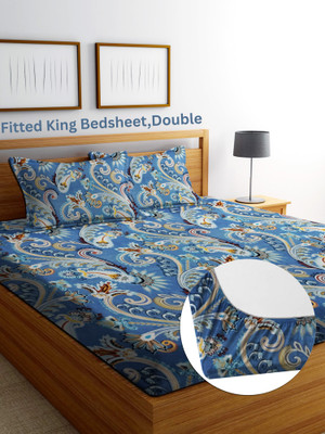 Bedress Cotton King Fitted (Elastic) 300 TC Striped Bedsheet(Pack of 1, Blue)