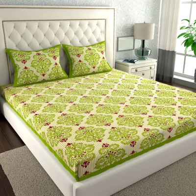 BharatLinen Cotton Double Flat 200 TC Jaipuri Prints Bedsheet(Pack of 1, Green)