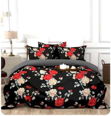 Supreme Home Collective 144 TC Polycotton Double Printed Fitted (Elastic) Bedsheet(Pack of 1, Black Red, Double Bedsheet With 2 Pillow Covers)