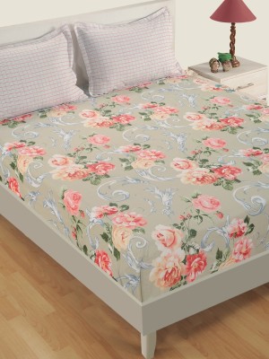 SWAYAM 160 TC Cotton Double Floral Fitted (Elastic) Bedsheet(Pack of 1, Grey)