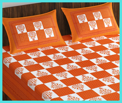 JAIPUR PRINTS Cotton Double Flat 160 TC Jaipuri Prints Bedsheet(Pack of 1, Orange)