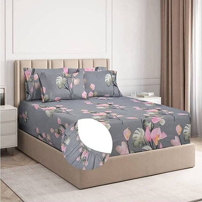 SHYAM Cotton King Fitted (Elastic) 180 TC Floral Bedsheet(Pack of 1, Pink, Grey)