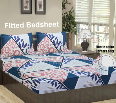 Good Homes 144 TC Microfiber Double Abstract Fitted (Elastic) Bedsheet(Pack of 1, Blue)