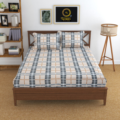 GLORIES 210 TC Cotton Double Printed Fitted (Elastic) Bedsheet(Pack of 1, Cream)