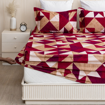 HOMEMONDE 210 TC Cotton Double Printed Fitted (Elastic) Bedsheet(Pack of 1, Maroon & Purple)