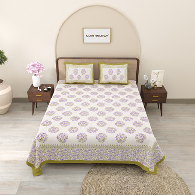 CLOTHOLOGY Cotton King Flat 240 TC Jaipuri Prints Bedsheet(Pack of 1, Light Green, Mustard, Blue)