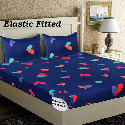 HOMYBEES 220 TC Cotton Double Abstract Fitted (Elastic) Bedsheet(Pack of 1, Blue, Red)