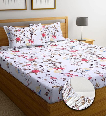 STEDO 250 TC Cotton Double Floral Fitted (Elastic) Bedsheet(Pack of 1, White)