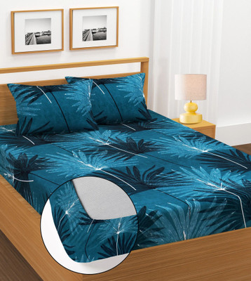 BLUEDOT Cotton King Fitted (Elastic) 180 TC Floral Bedsheet(Pack of 1, Blue)