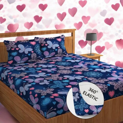 viraj 250 TC Microfiber Double 3D Printed Fitted (Elastic) Bedsheet(Pack of 1, Blue)