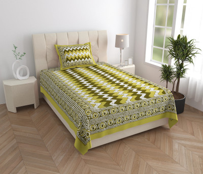 Cosito Cotton Single Flat 144 TC Jaipuri Prints Bedsheet(Pack of 1, Green)