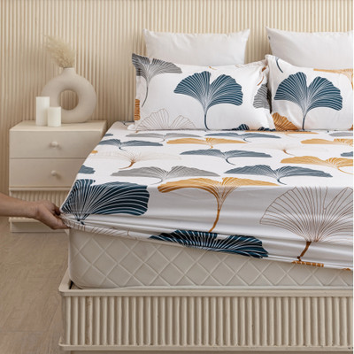 HOMEMONDE 210 TC Cotton King Printed Fitted (Elastic) Bedsheet(Pack of 1, Mustard & Grey)